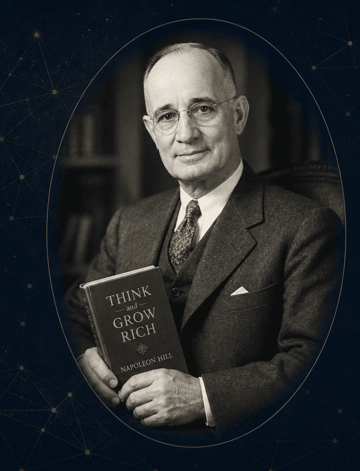 Napoleon Hill holding a copy of Think and Grow Rich